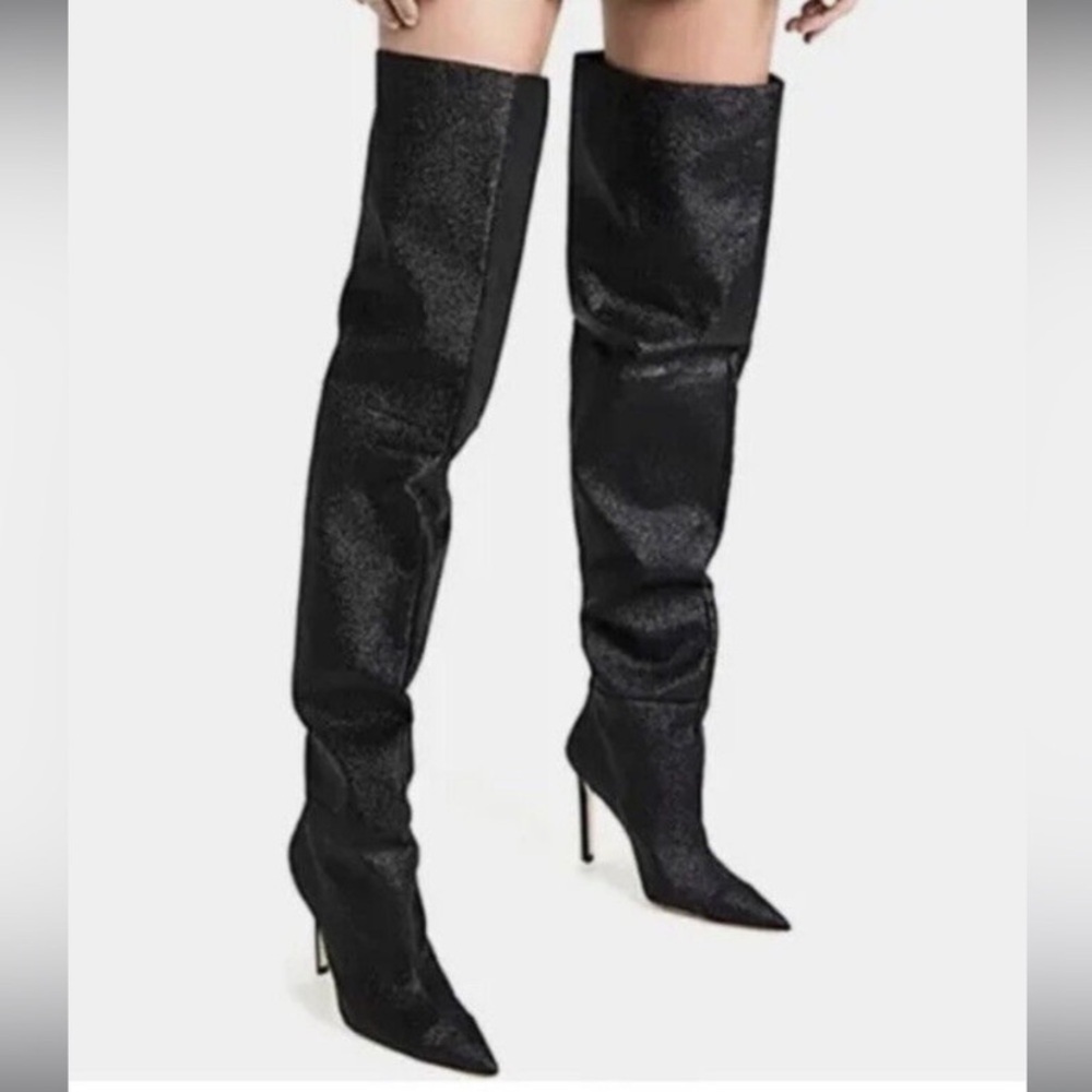 Good American The Weekend Black Glitter Slouchy Over the Knee Stiletto Boots 6